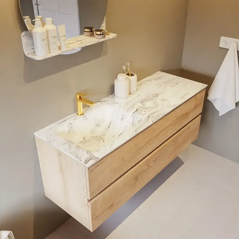 Mondiaz Vica DLux badmeubel 130cm washed oak 2 lades met wastafel glace links 1 kraangat Exclusieve Aanbieding