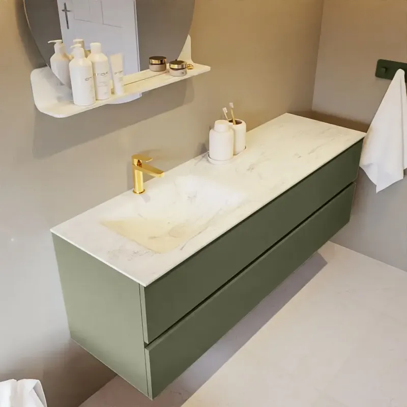 Laatste Kans Mondiaz Vica DLux badmeubel 150cm army 2 lades met wastafel opalo links 1 kraangat