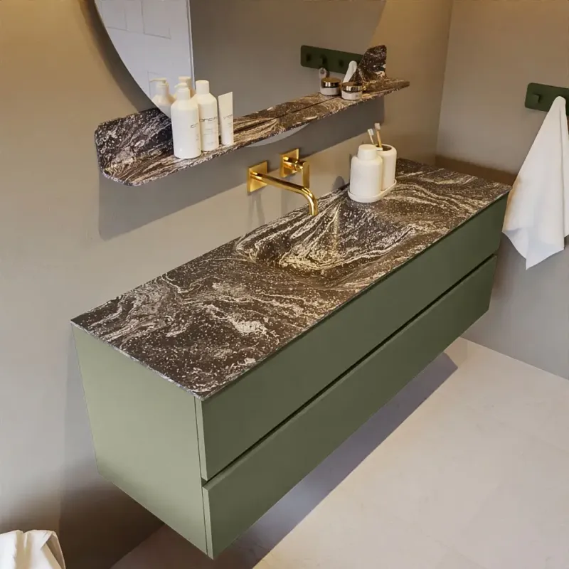 Snelle Levering Mondiaz Vica DLux badmeubel 150cm army 2 lades met wastafel lava midden zonder kraangat