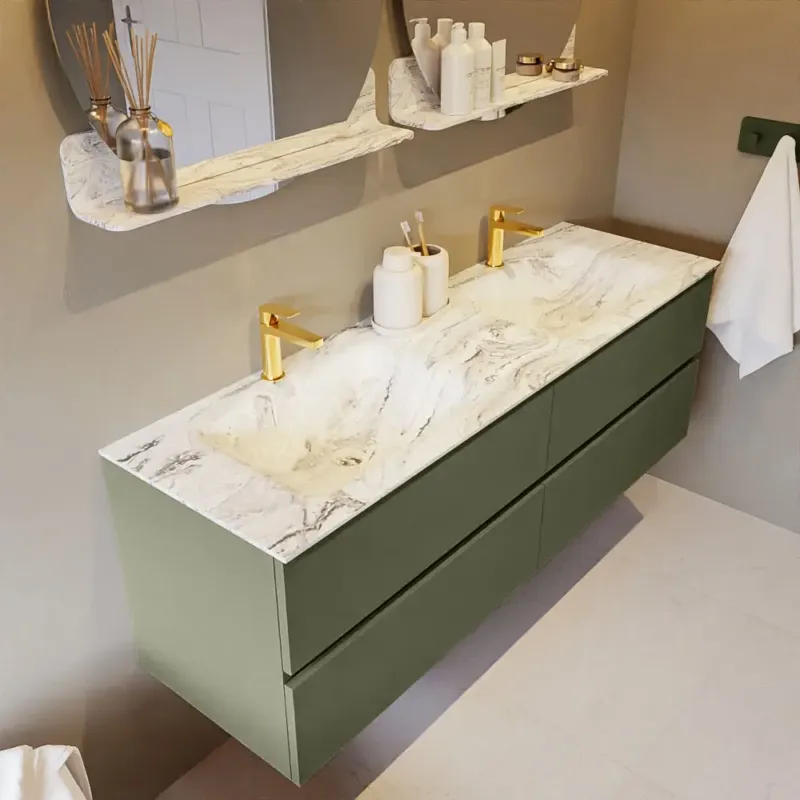 Bestel Nu Mondiaz Vica DLux badmeubel 150cm army 4 lades met wastafel glace dubbel 2 kraangaten