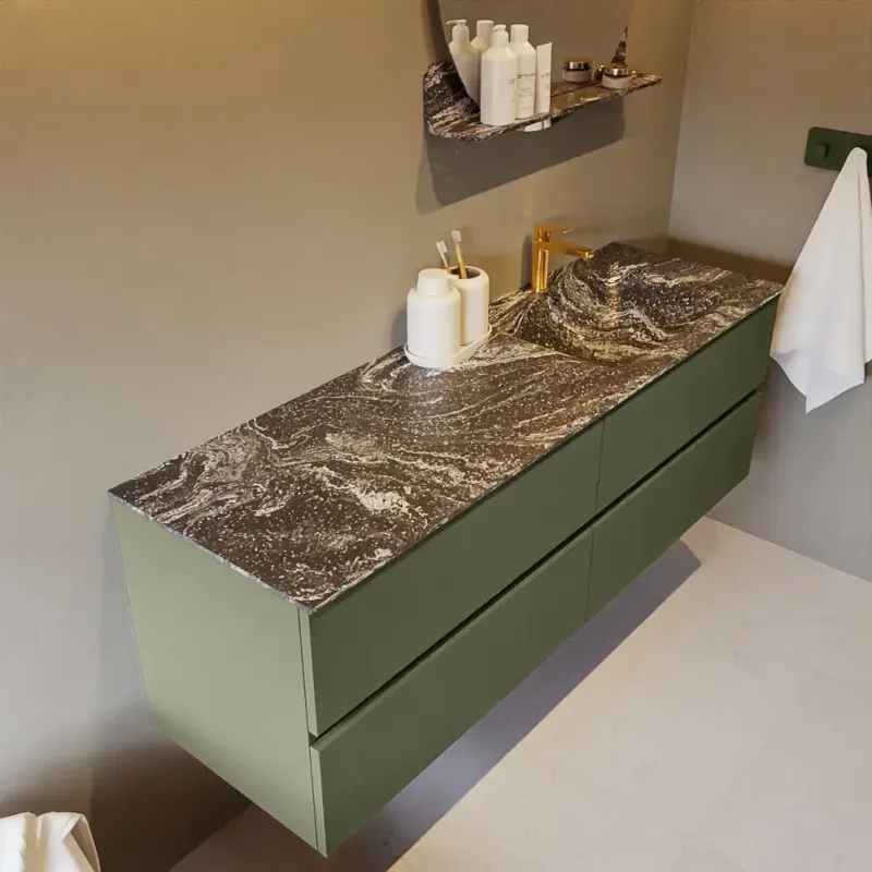 Flitsaanbieding Mondiaz Vica DLux badmeubel 150cm army 4 lades met wastafel lava rechts 1 kraangat