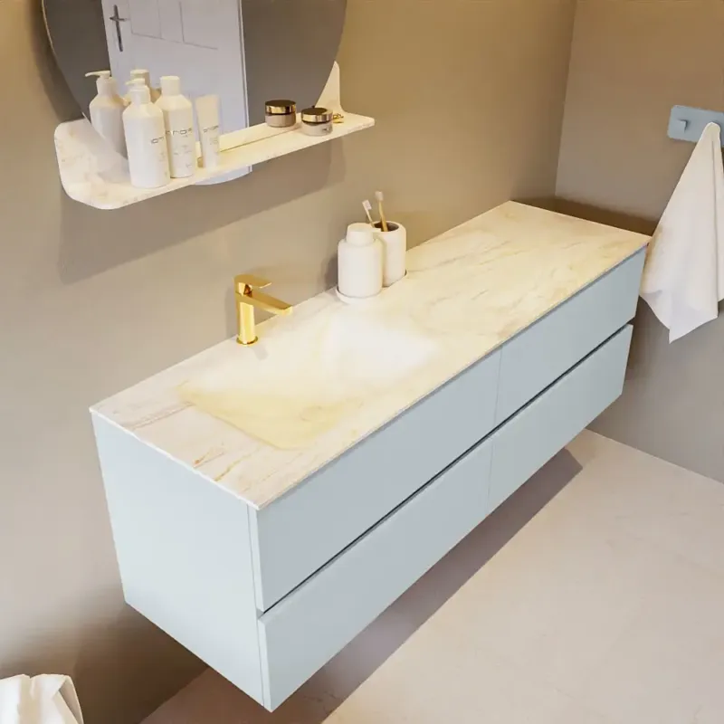 Mondiaz Vica DLux badmeubel 150cm clay 4 lades met wastafel ostra links 1 kraangat Finale Uitverkoop