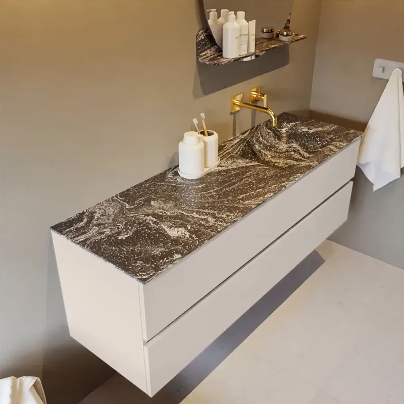 Mondiaz Vica DLux badmeubel 150cm linen 2 lades met wastafel lava rechts zonder kraangat Gecertificeerd