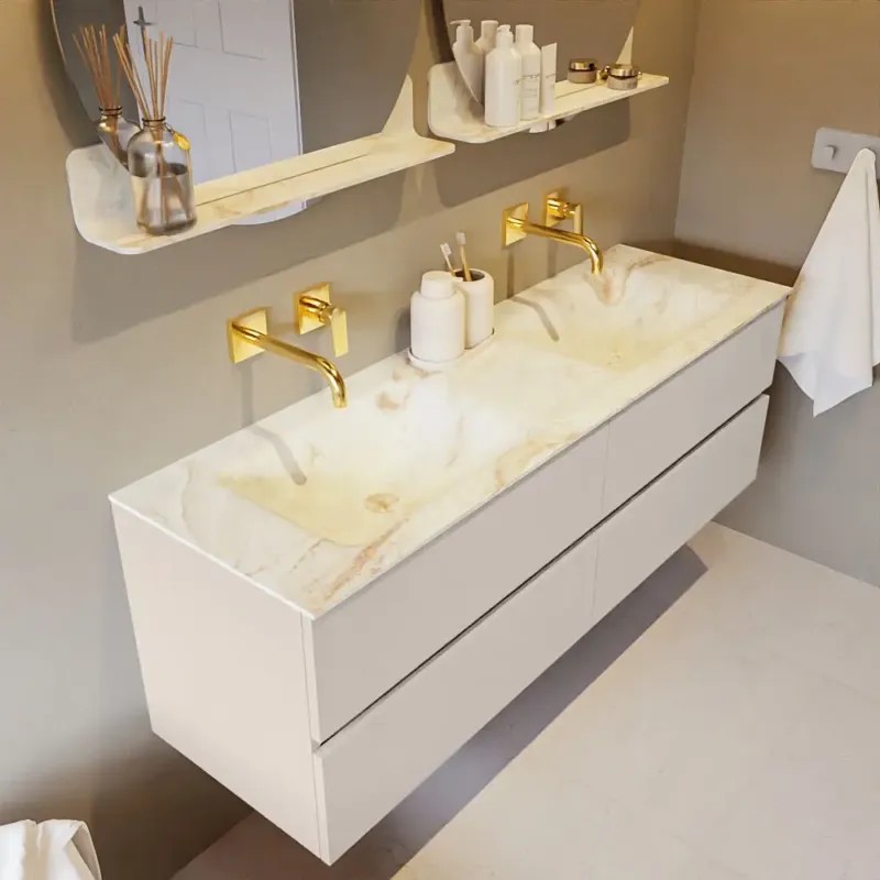 Mondiaz Vica DLux badmeubel 150cm linen 4 lades met wastafel frappe dubbel zonder kraangat Lage Prijs