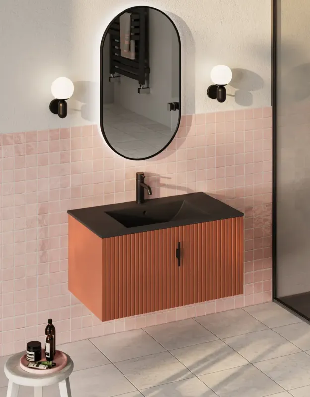 Muebles Raya badmeubel ribbelfront 80cm terracotta met zwarte wastafel met kraangat Lage Kosten