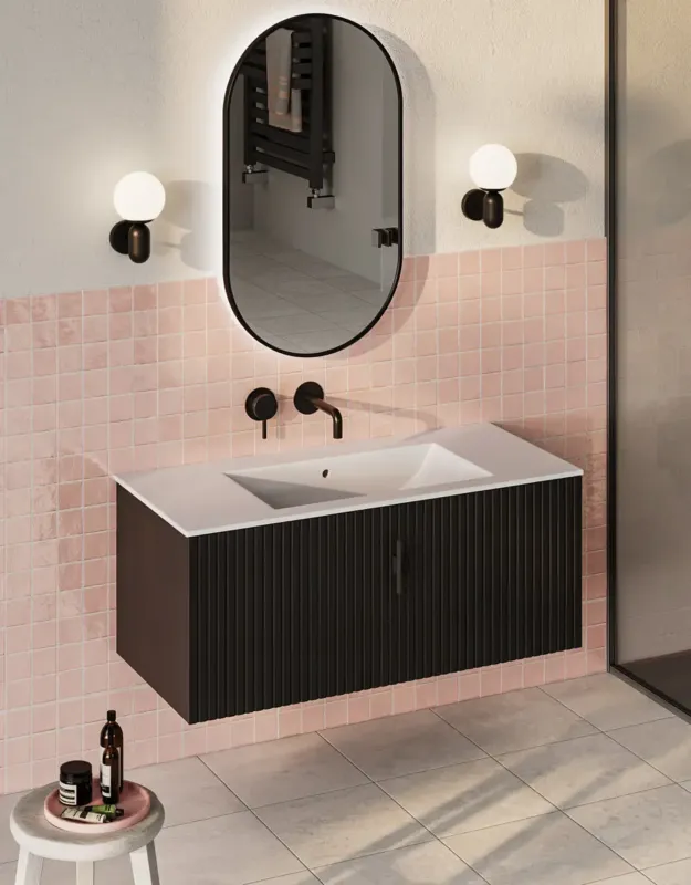 Actieprijs Muebles Raya badmeubel ribbelfront 100cm zwart mat met witte wastafel zonder kraangat
