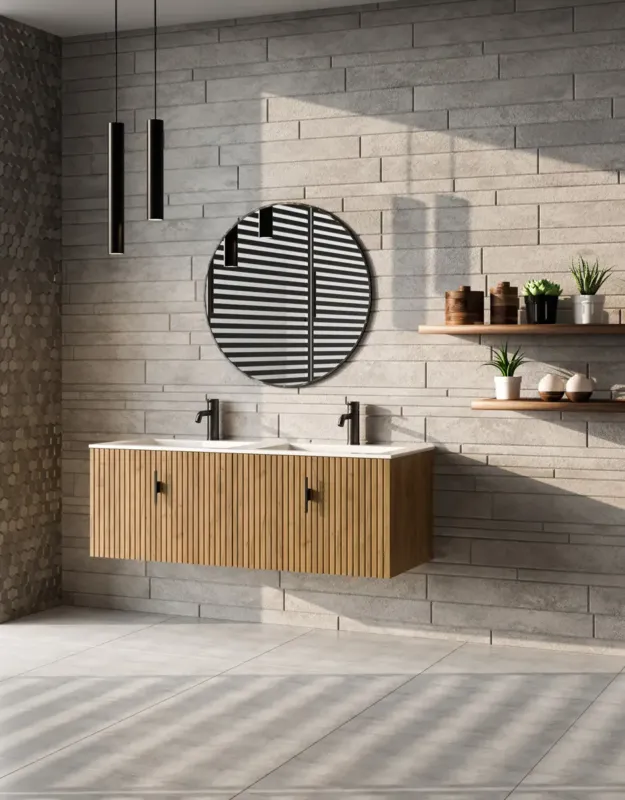 Muebles Raya badmeubel ribbelfront 120cm warm eiken met witte wastafel met kraangat Koop Online