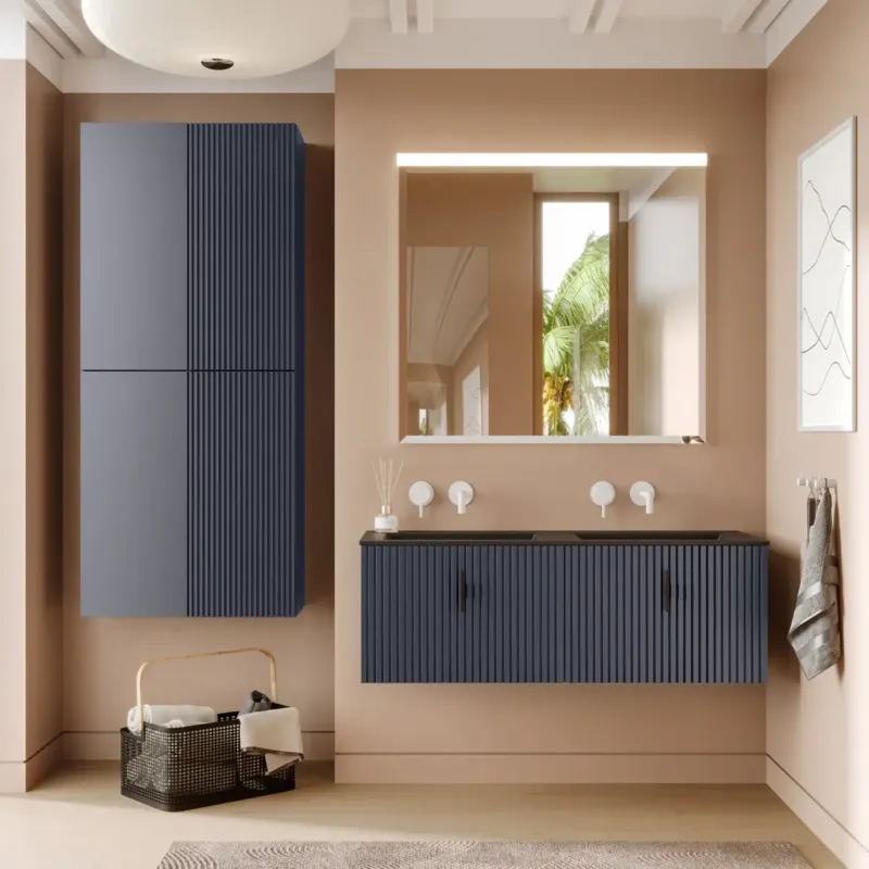 Muebles Raya badmeubel ribbelfront 120cm marine blauw met zwarte wastafel zonder kraangat Superprijs