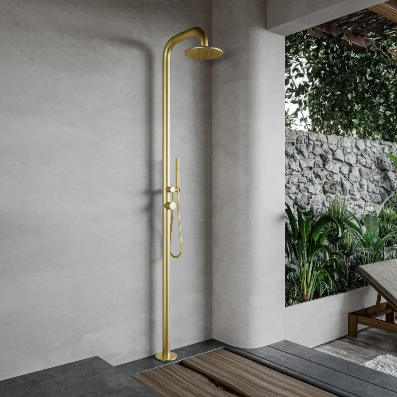Snelle Levering FortiFura Outdoor Deluxe vrijstaande buitendouche met handdouche geborsteld messing