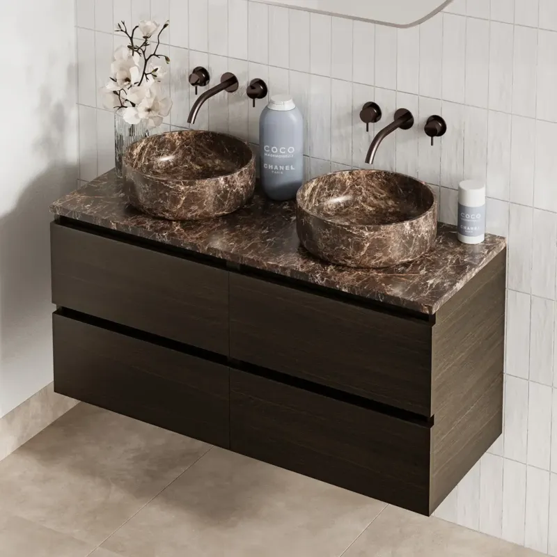 Koop Vandaag Fontana Dark Emperador badmeubel 120cm kasteel bruin met ronde waskommen en toppaneel