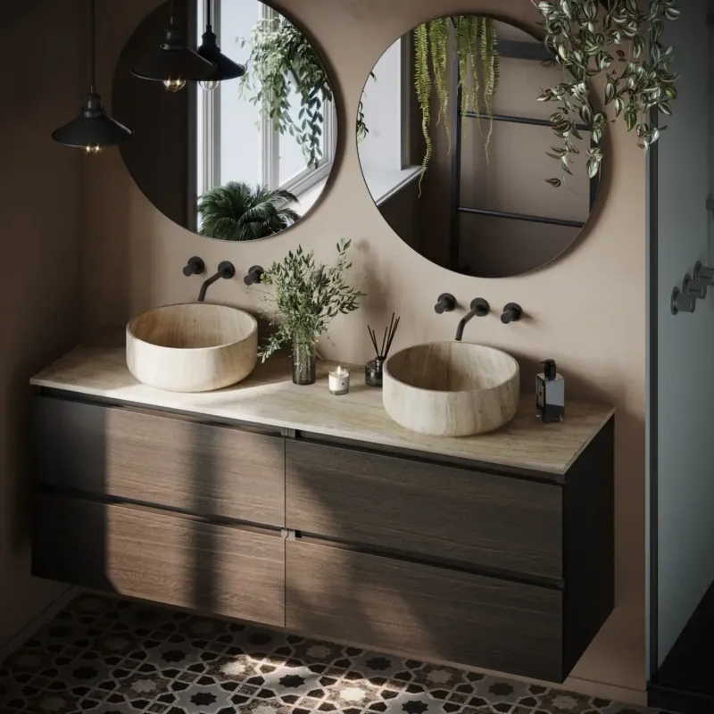 Betaalbaar Fontana White Travertin kasteel bruin wastafelmeubel 160cm met toppaneel en ronde waskommen