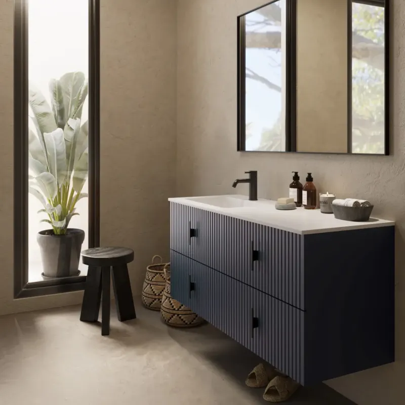 Muebles Avila badmeubel ribbelfront 120cm marine blauw met wastafel links met kraangat Uitverkoop
