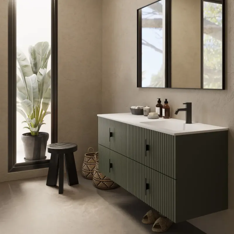Muebles Avila badmeubel ribbelfront 120cm legergroen met wastafel rechts met kraangat Tijdelijk Beschikbaar