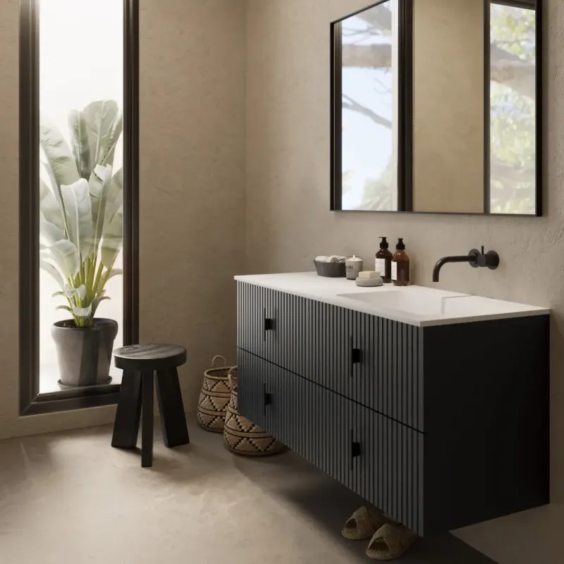 Muebles Avila badmeubel ribbelfront 120cm antraciet mat met wastafel rechts zonder kraangat Laatste Versie
