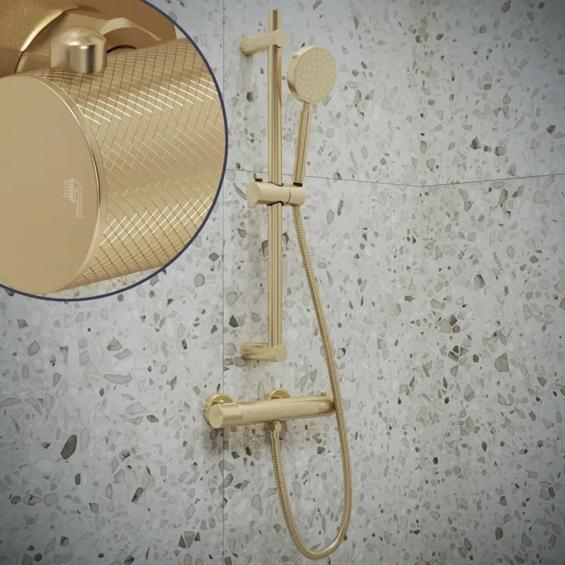 Saniclear Brass Curved doucheset geborsteld messing / mat goud met thermostatische kraan, handdouche en glijstang Gereduceerde Prijs