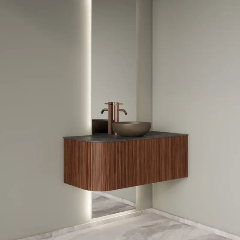 Gliss Design Alluro badmeubel ribbelfront met ronding links 100cm walnut en zwart leisteen toppaneel Aanbieding