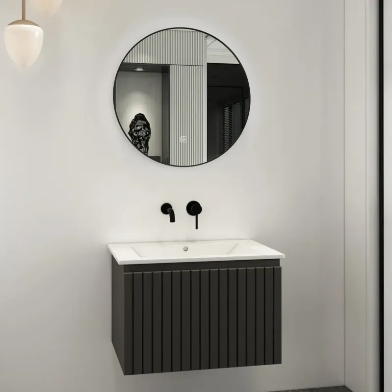 Veilige Betaling Fontana Lento zwart badmeubel ribbelfront 60cm met witte wastafel zonder kraangat en ronde spiegel