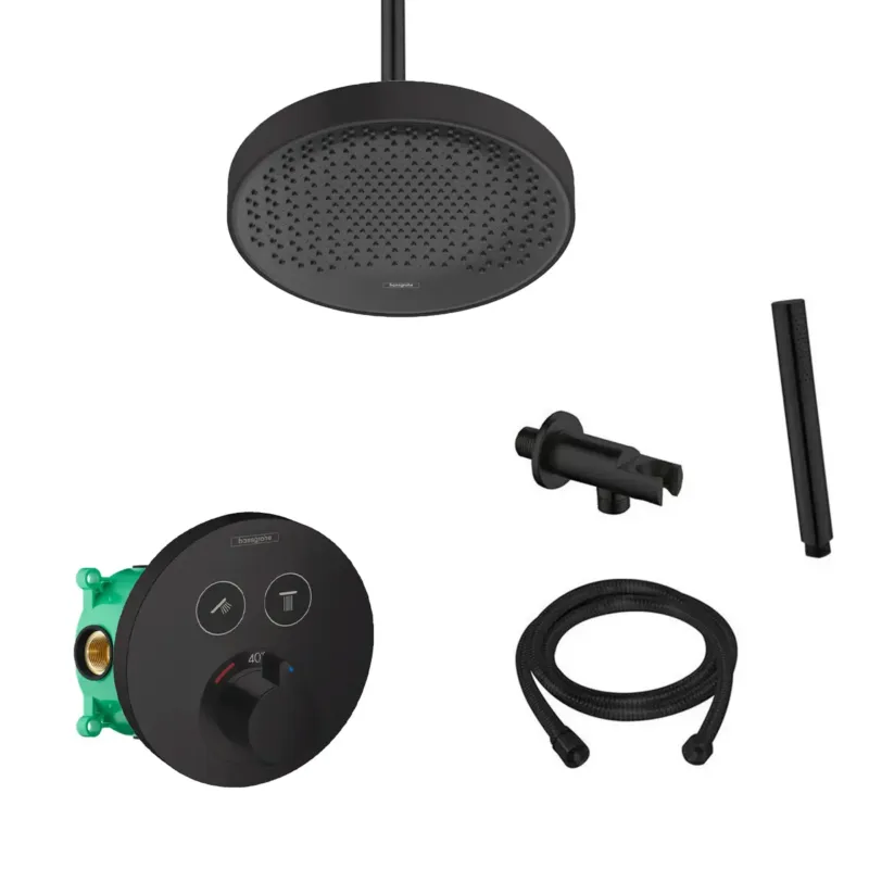 Hansgrohe Rainfinity inbouw regendouche met thermostaatkraan Shower Select en Saniclear plafondarm zwart mat Flitsaanbieding