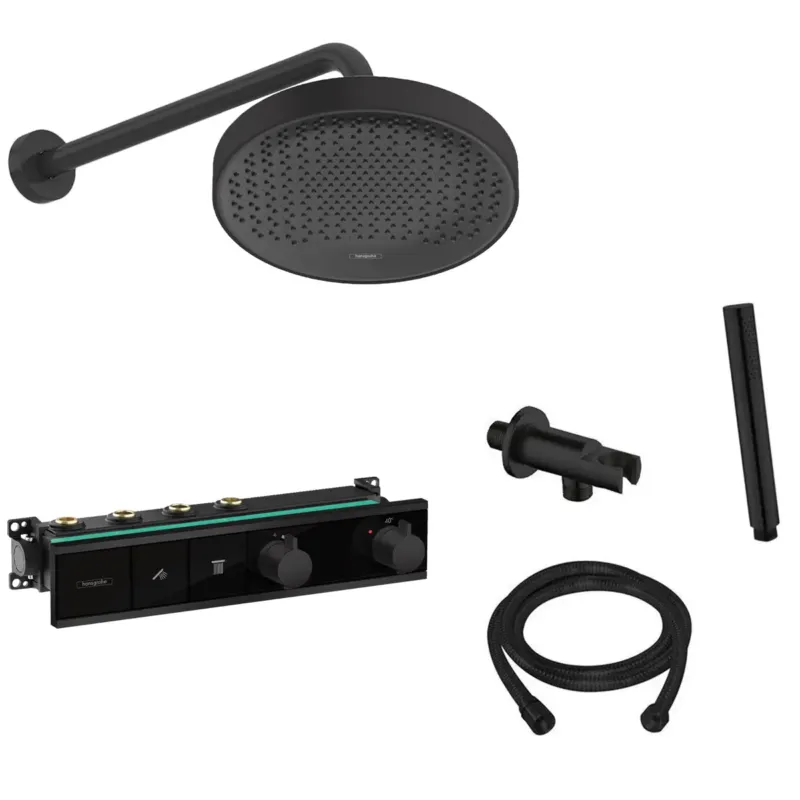 Aanbieding Hansgrohe Rainfinity inbouw regendouche waterbesparend met thermostaatkraan RainSelect en Saniclear muurarm zwart mat