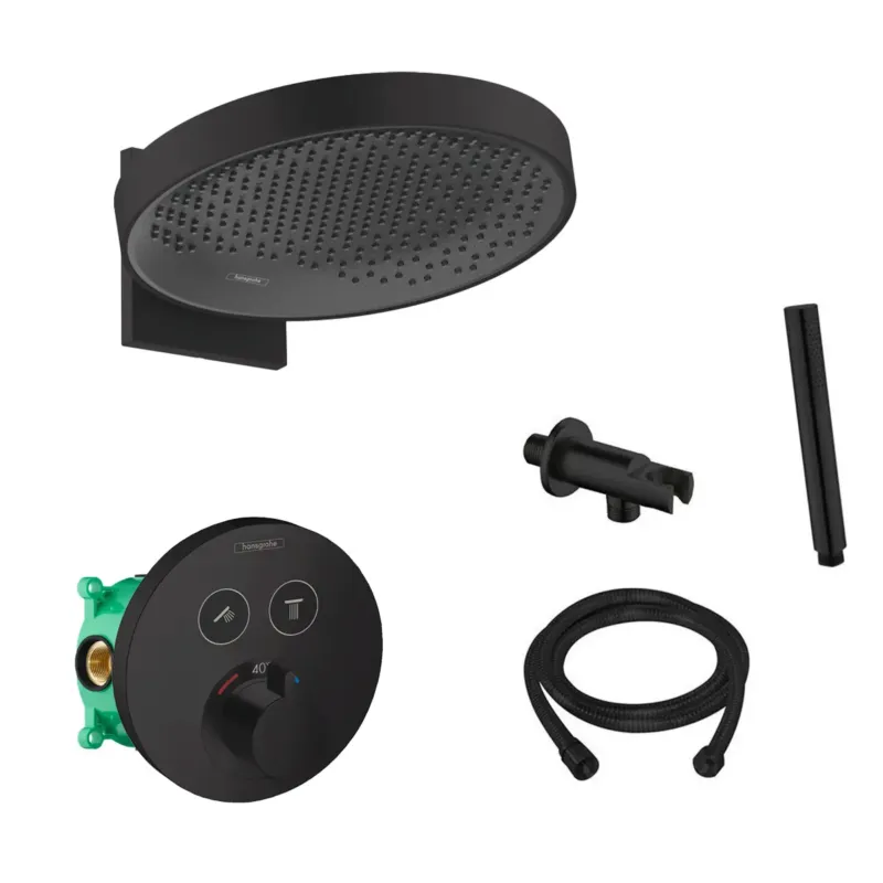 Veilige Betaling Hansgrohe Rainfinity inbouw regendouche met thermostaatkraan Shower Select en Saniclear handdouche zwart mat