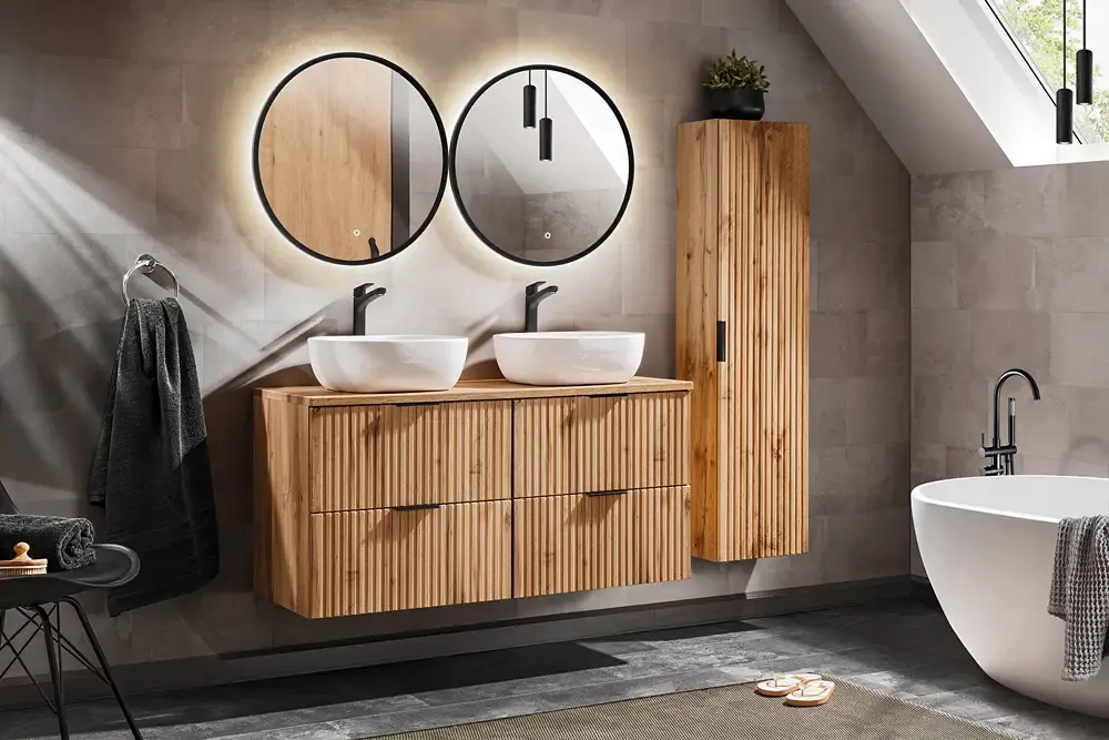 Comad Adele Oak badkamermeubel 120cm eiken met 2 waskommen Direct Beschikbaar