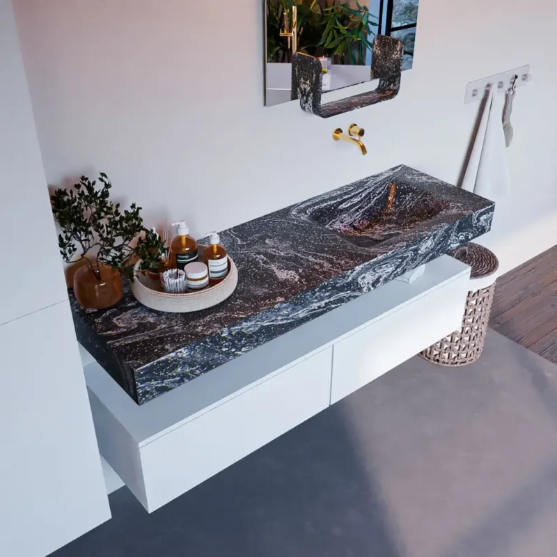 Koopje Mondiaz Alan DLux badmeubel 150cm talc 2 lades met wastafel lava rechts zonder kraangat