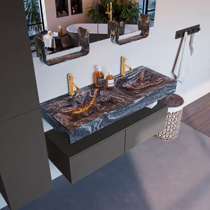 Mondiaz Alan DLux badmeubel 120cm dark grey 2 lades met wastafel lava dubbel 2 kraangaten Voordeelprijs