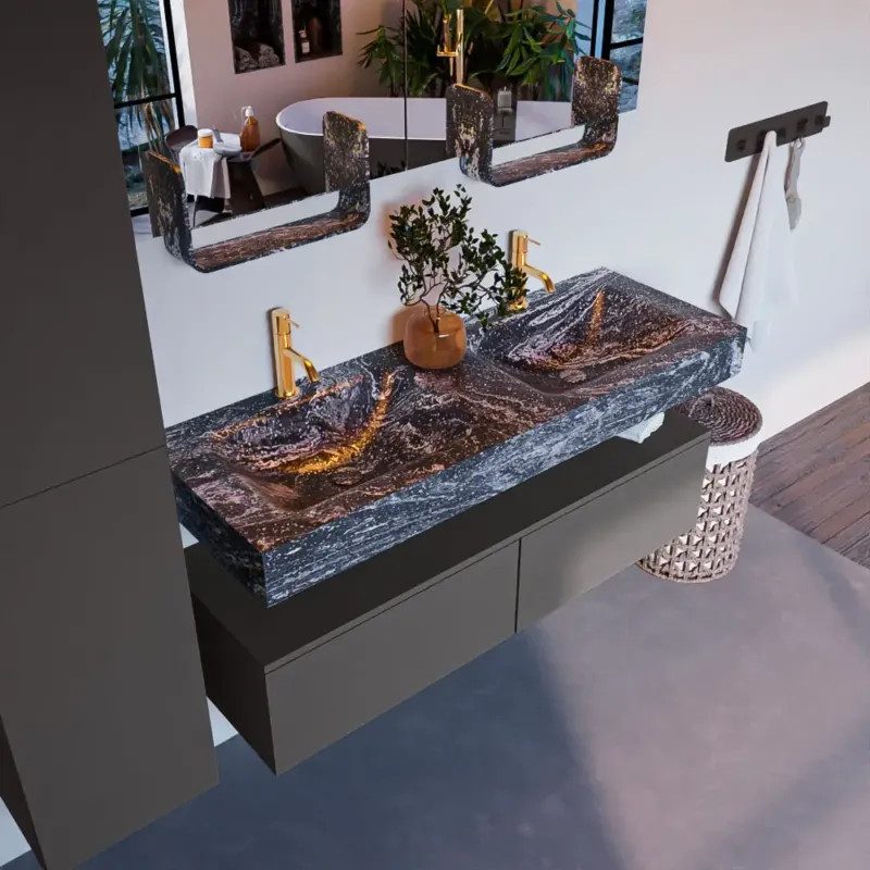 Mondiaz Alan DLux badmeubel 130cm dark grey 2 lades met wastafel lava dubbel 2 kraangaten Express Levering