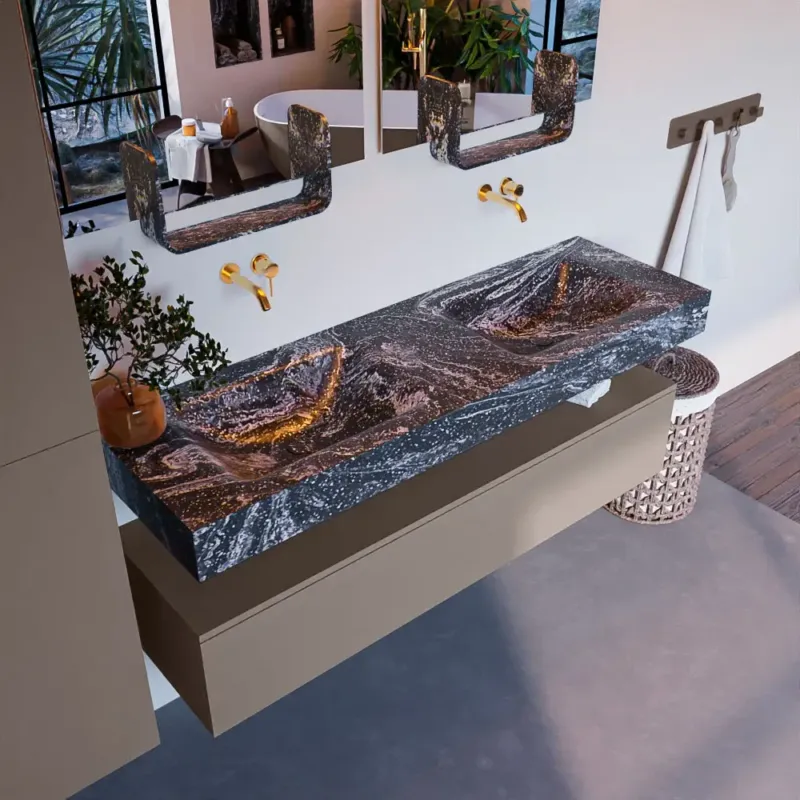 Meest Verkocht Mondiaz Alan DLux badmeubel 150cm smoke 1 lade met wastafel lava dubbel zonder kraangat