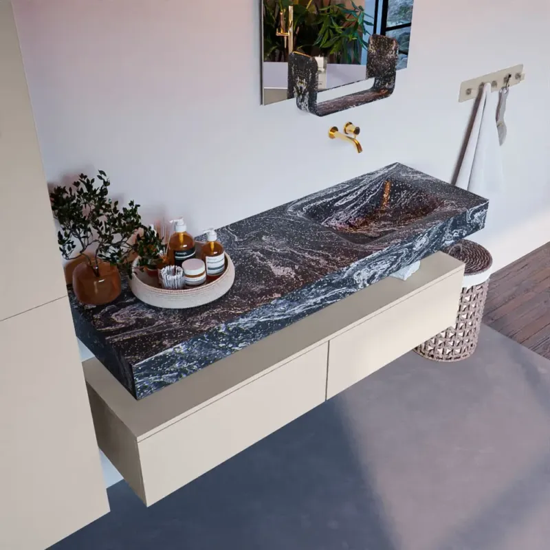 Mondiaz Alan DLux badmeubel 150cm linen 2 lades met wastafel lava rechts zonder kraangat Uitverkoop