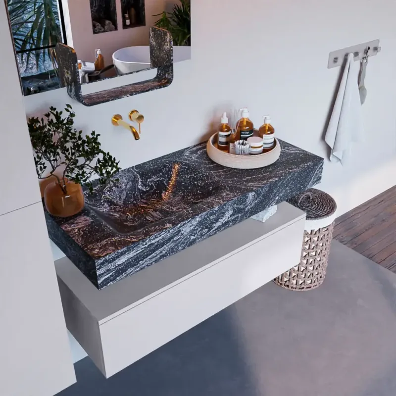 Mondiaz Alan DLux badmeubel 110cm cale 1 lade met wastafel lava links zonder kraangat Superprijs