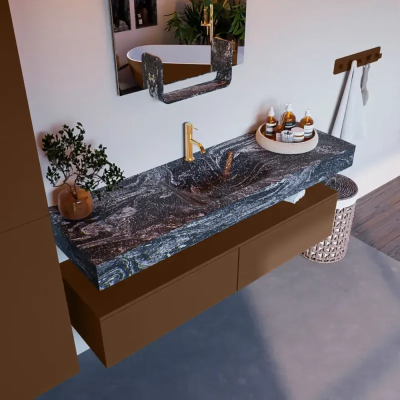 Tijdelijk Beschikbaar Mondiaz Alan DLux badmeubel 150cm rust 2 lades met wastafel lava midden 1 kraangat