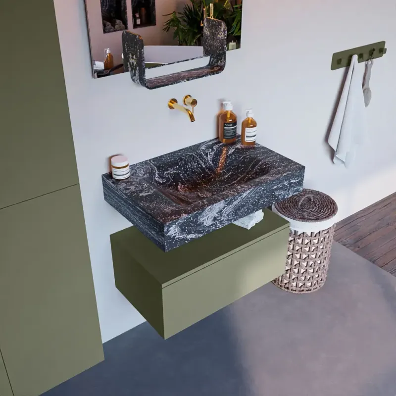 Mondiaz Alan DLux badmeubel 70cm army 1 lade met wastafel lava midden zonder kraangat Gecertificeerd