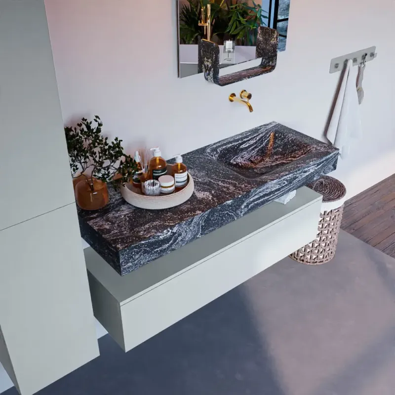 Betaalbaar Mondiaz Alan DLux badmeubel 130cm clay 1 lade met wastafel lava rechts zonder kraangat