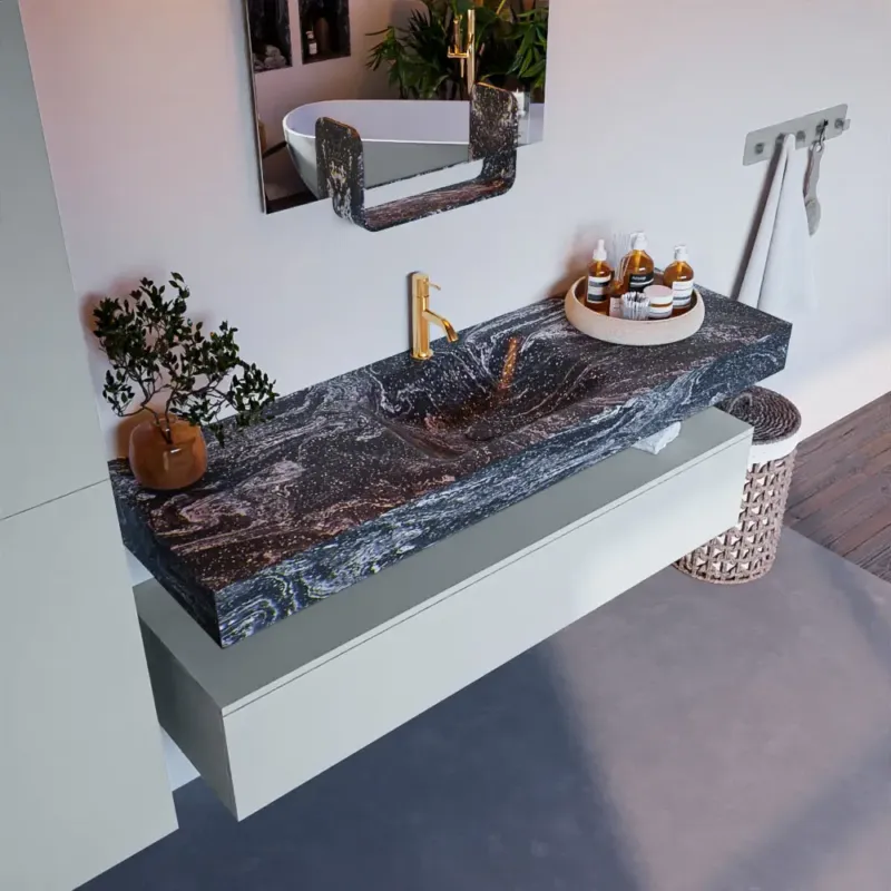 Laatste Kans Mondiaz Alan DLux badmeubel 150cm clay 1 lade met wastafel lava midden 1 kraangat