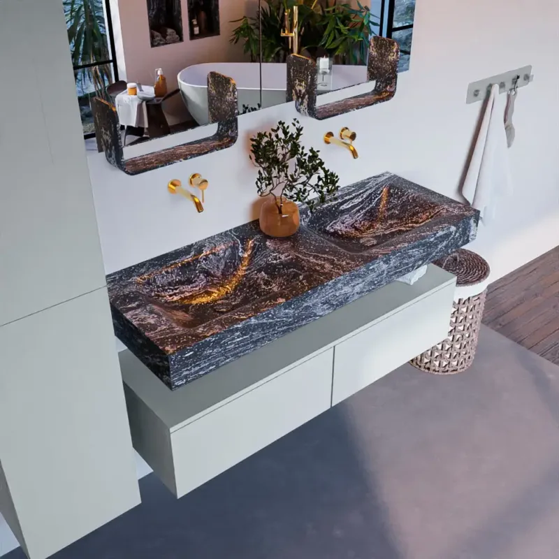 Direct Beschikbaar Mondiaz Alan DLux badmeubel 130cm clay 2 lades met wastafel lava dubbel zonder kraangat