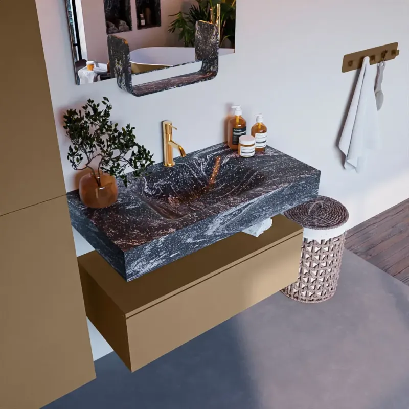 Mondiaz Alan DLux badmeubel 90cm oro 1 lade met wastafel lava midden 1 kraangat Koopje