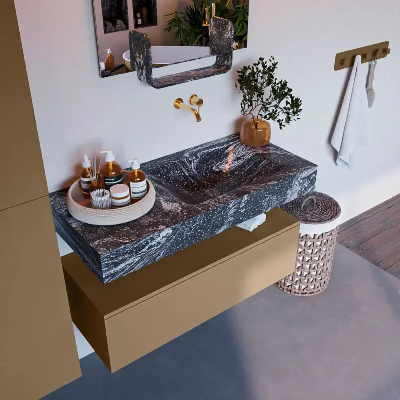 Mondiaz Alan DLux badmeubel 100cm oro 1 lade met wastafel lava rechts zonder kraangat Speciale Aanbieding