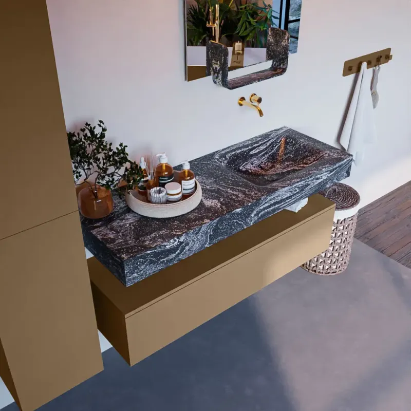 Mondiaz Alan DLux badmeubel 130cm oro 1 lade met wastafel lava rechts zonder kraangat Goedkoop