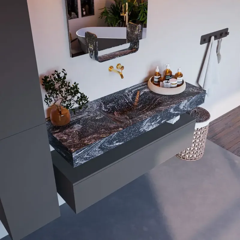 Voordeelprijs Mondiaz Alan DLux badmeubel 130cm plata 1 lade met wastafel lava midden zonder kraangat